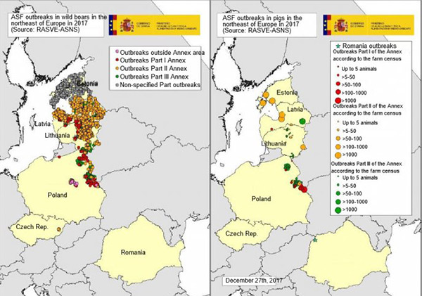 Bản đồ về các vụ dịch được công bố ở Estonia, Latvia, Lithuania, Ba Lan và cộng hòa Séc trong năm 2017 (Nguồn: hệ thống cảnh báo dịch bệnh động vật ADNS)