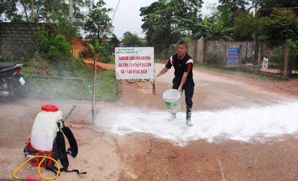 Người dân đang rắc vôi bột khử trùng ổ dịch tả lợn châu Phi tại huyện Phú Bình, Thái Nguyên. (Ảnh: baothainguyen)