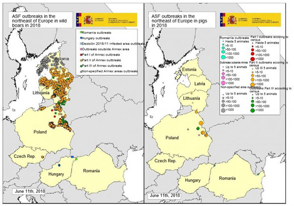 Bản đồ về các vụ dịch được công bố ở Estonia, Latvia, Lithuania,Ba Lan và cộng hòa Séc trong năm 2018 (Nguồn: hệ thống cảnh báo dịch bệnh động vật ADNS)
