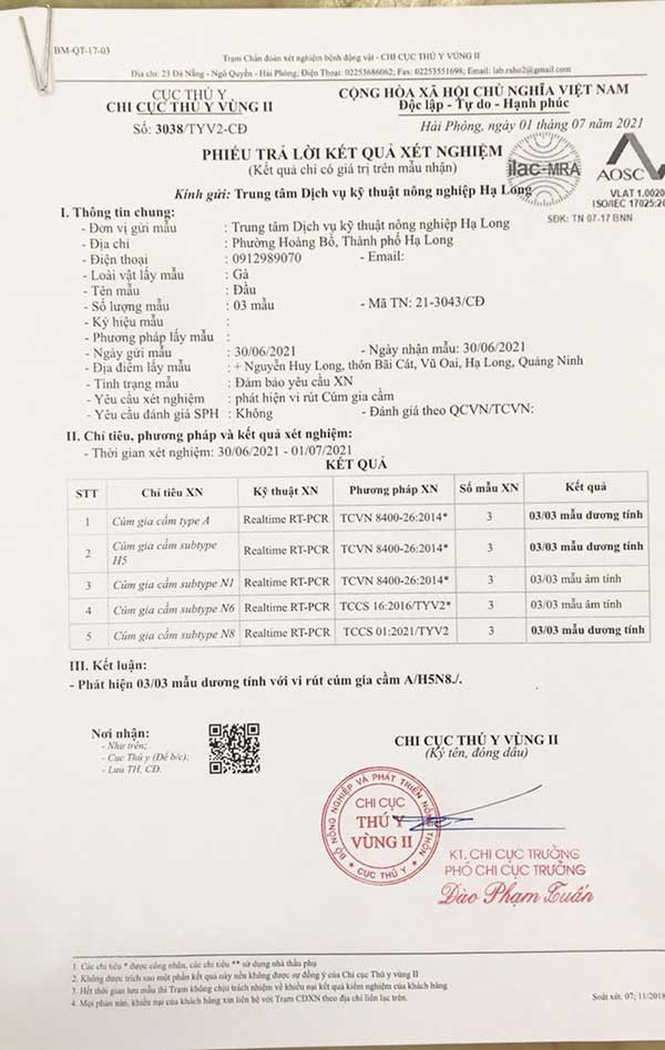 Mẫu trả kết quả xét nghiệm của Chi cục thú y vùng II ghi nhận 3 mẫu dương tính với virus cúm gia cầm A/H5N8 tại hộ chăn nuôi Nguyễn Huy Long (thôn Bãi Cát, xã Vũ Oai, thành phố Hạ Long, tỉnh Quảng Ninh). Ảnh: Việt Hoa